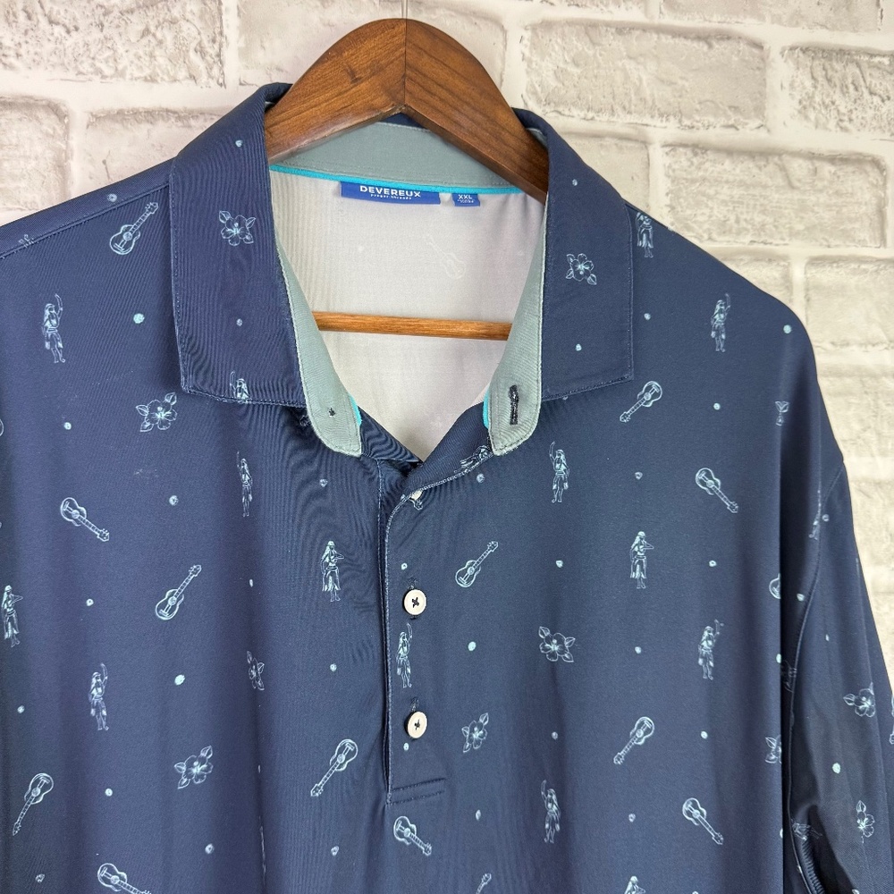Devereux Navy Hula Hawaiian AOP Performance Golf Polo Mens 2XL Polyester Stretch